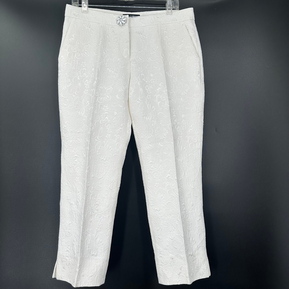 Dolce & Gabbana White Floral Brocade Silk Blend Jeweled Button Pants Italy 44